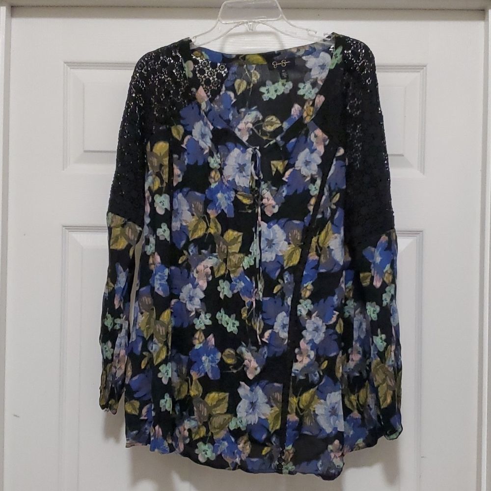 Jessica Simpson womens 2X blue multi color & lace blou